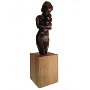 Statuette Mère et son Enfant Finition Bronze sur socle en bois